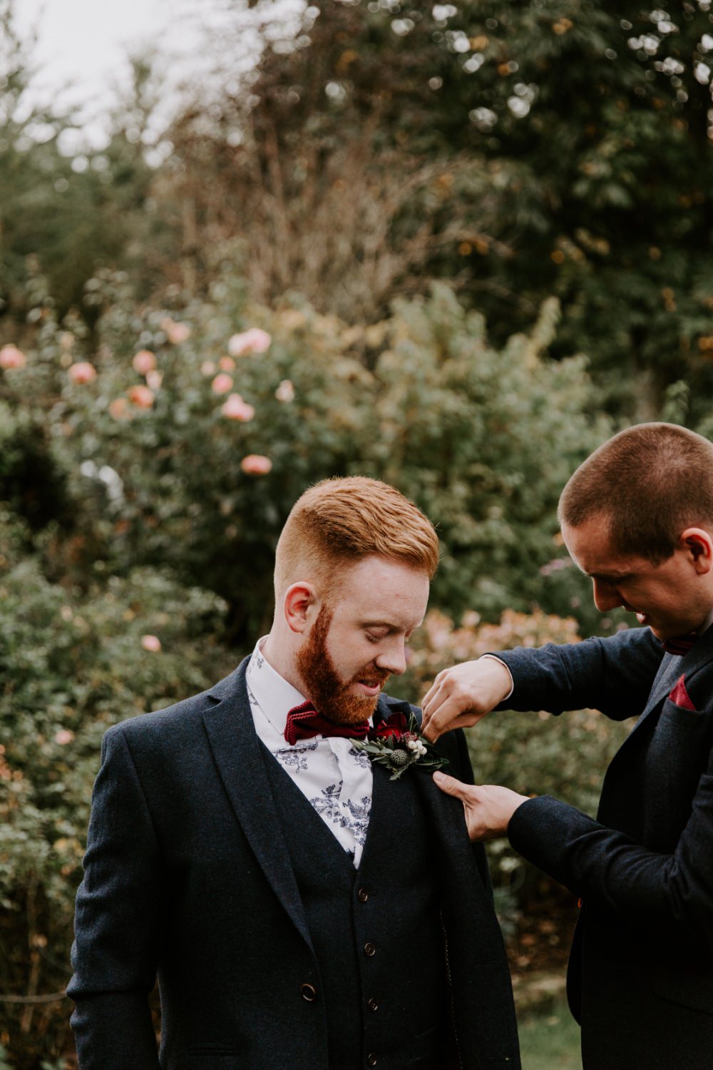 Groom Suit Navy Tweed Burgundy Bow Tie Wick Farm Bath Wedding Siobhan Beales Photography