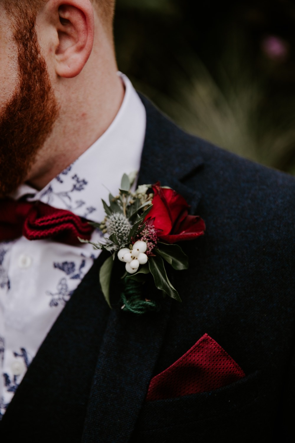 Groom Suit Navy Tweed Burgundy Bow Tie Buttonhole Flowers Wick Farm Bath Wedding Siobhan Beales Photography