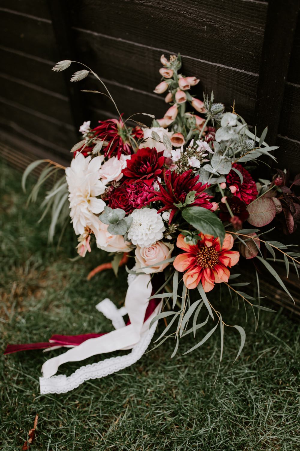 Bouquet Flowers Bride Bridal Ribbon Pink Burgundy Dahlia Rose Foxglove Wick Farm Bath Wedding Siobhan Beales Photography