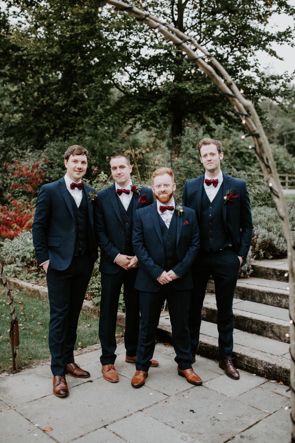 Groom Suit Navy Tweed Burgundy Bow Tie Groomsmen Wick Farm Bath Wedding Siobhan Beales Photography