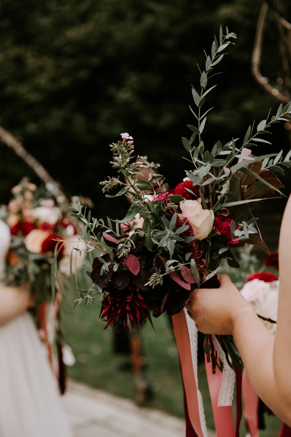 Bouquet Flowers Bride Bridal Ribbon Pink Burgundy Dahlia Rose Foxglove Bridesmaid Wick Farm Bath Wedding Siobhan Beales Photography