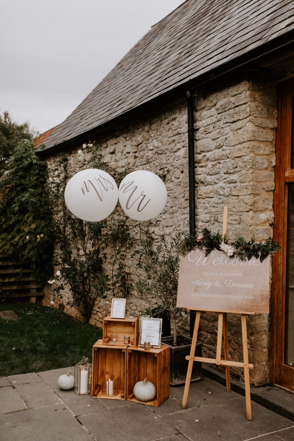Welcome Sign Signs Signage Balloons Wooden Crates Wick Farm Bath Wedding Siobhan Beales Photography