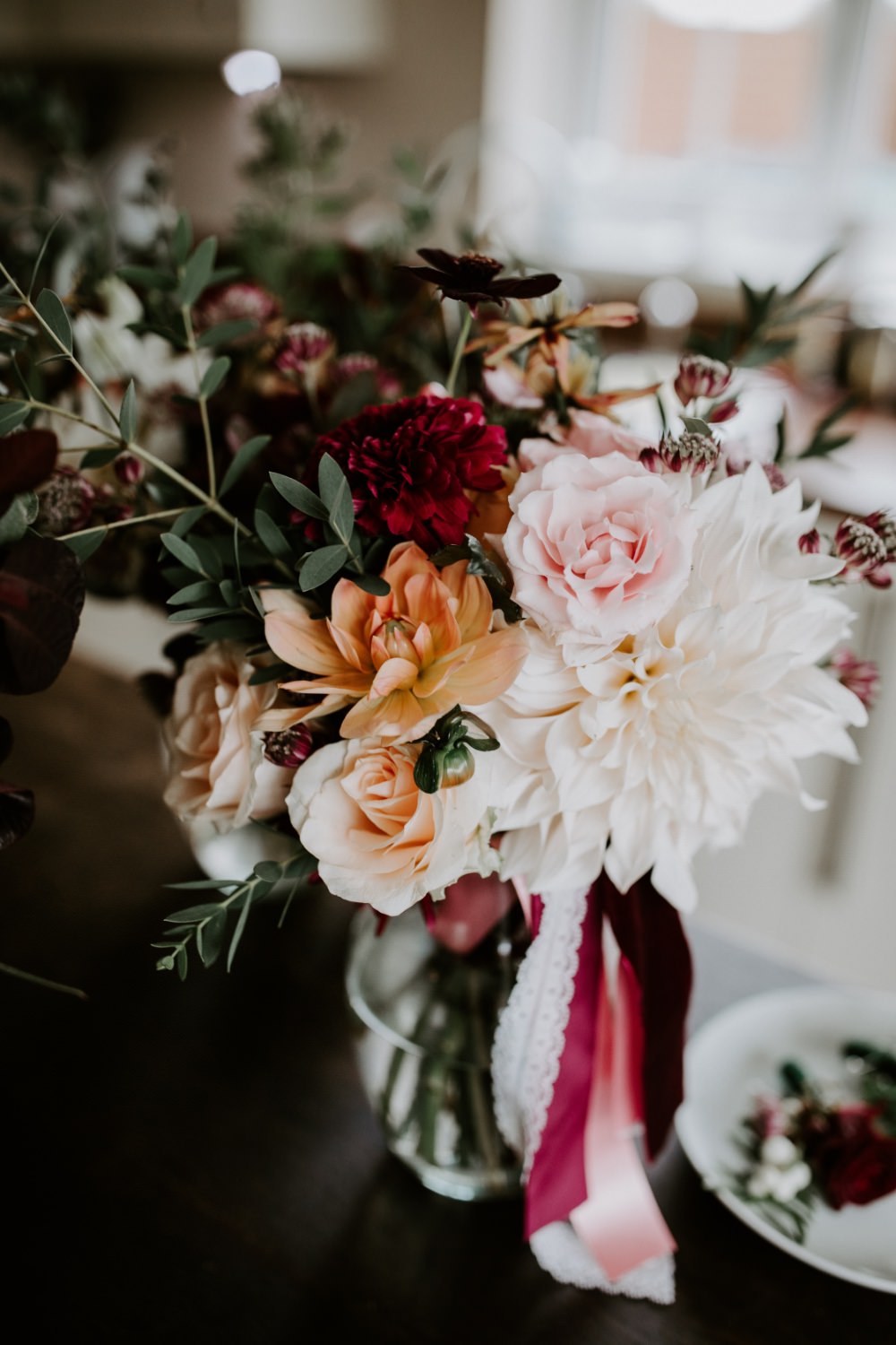 Bouquet Flowers Bride Bridal Ribbon Pink Burgundy Dahlia Rose Foxglove Wick Farm Bath Wedding Siobhan Beales Photography