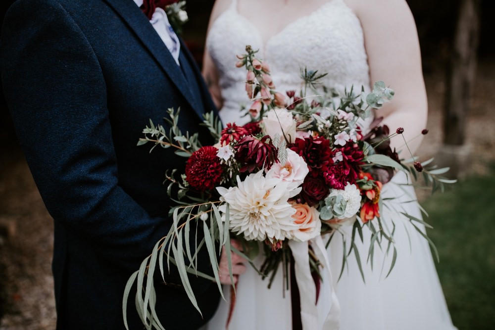 Bouquet Flowers Bride Bridal Ribbon Pink Burgundy Dahlia Rose Foxglove Wick Farm Bath Wedding Siobhan Beales Photography