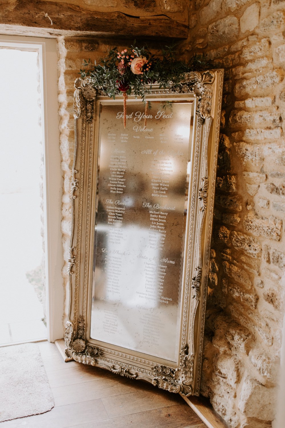 Table Plan Seating Chart Mirror Calligraphy Wick Farm Bath Wedding Siobhan Beales Photography