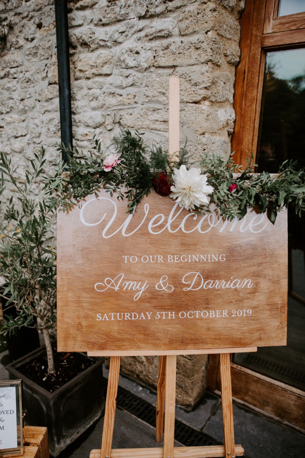 Welcome Sign Signs Signage Wooden Calligraphy Greenery Wick Farm Bath Wedding Siobhan Beales Photography