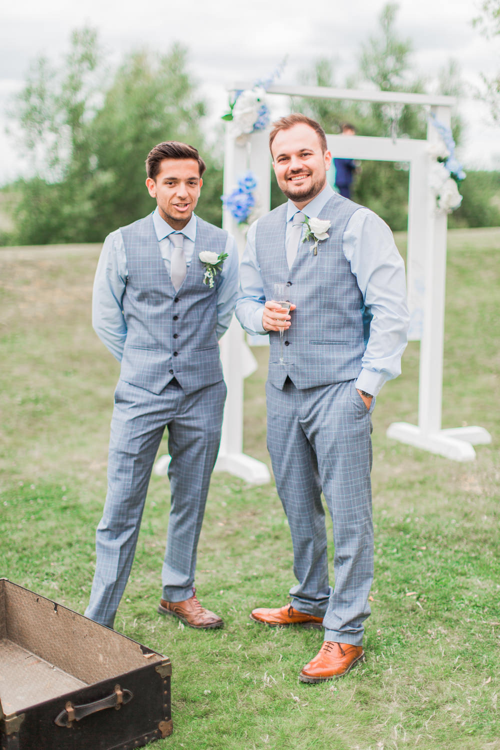Groom Groomsmen Blue Trousers Waistcoat Tie Grey Almonry Barn Wedding Kerry Bartlett Photography