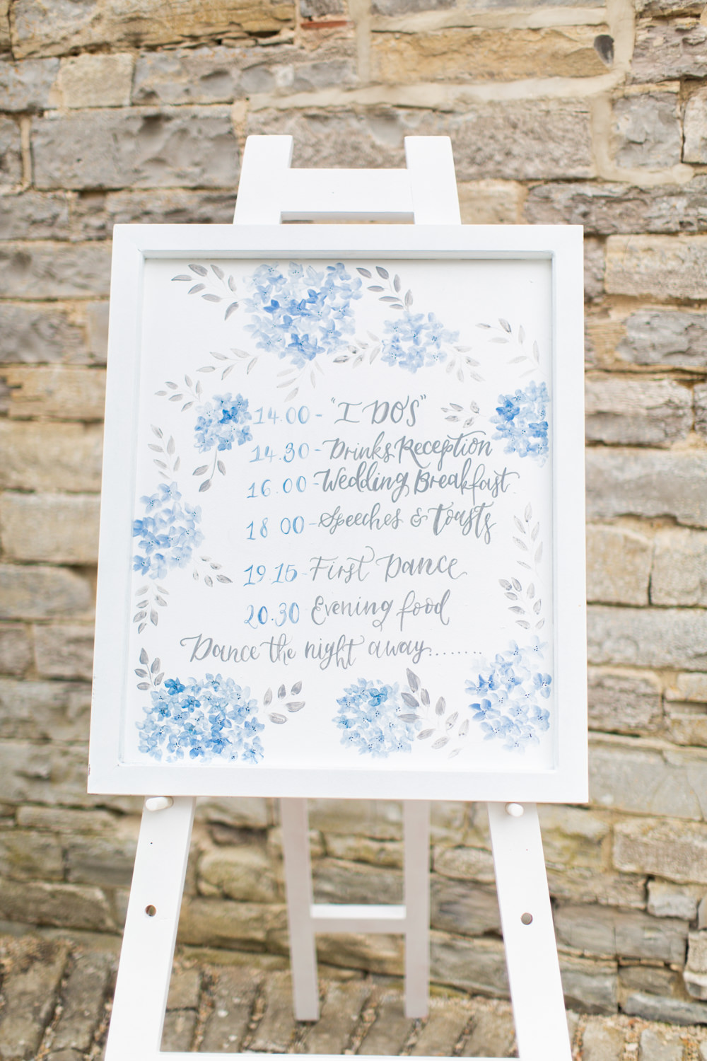 Order of the Day Sign Signs Signage Blue Floral Almonry Barn Wedding Kerry Bartlett Photography