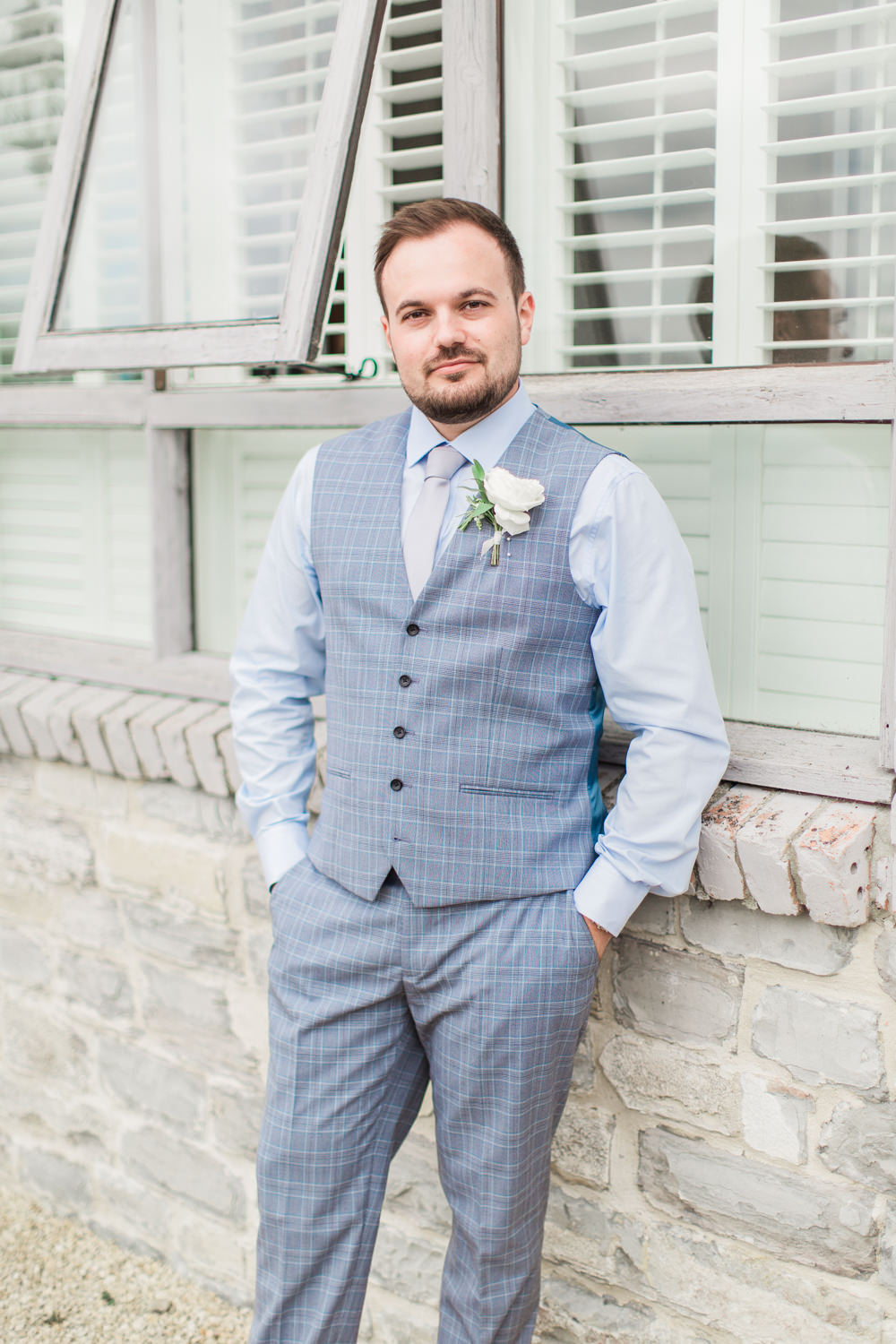 Groom Groomsmen Blue Trousers Waistcoat Tie Grey Almonry Barn Wedding Kerry Bartlett Photography