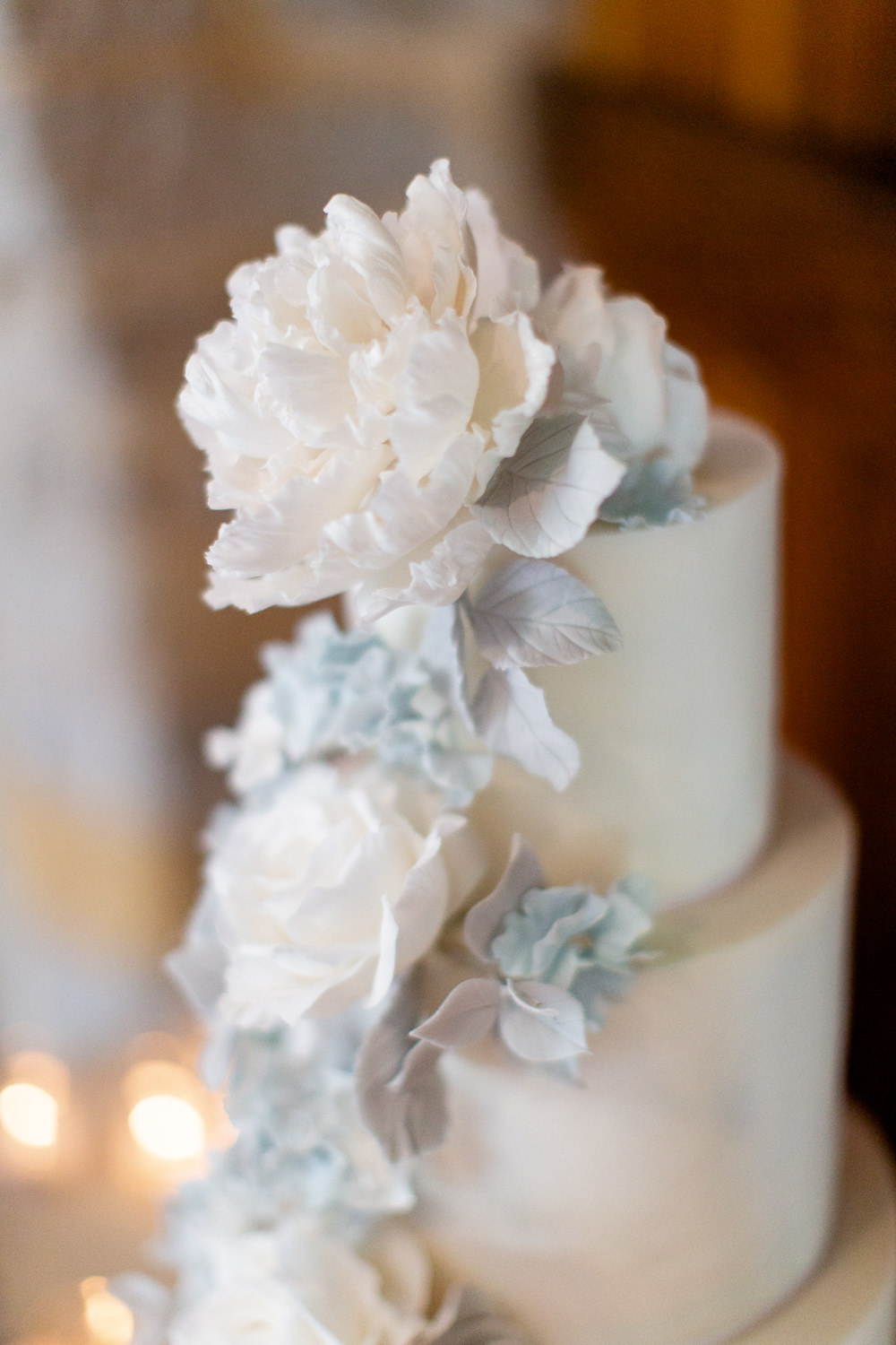 Cake Flowers White Blue Almonry Barn Wedding Kerry Bartlett Photography