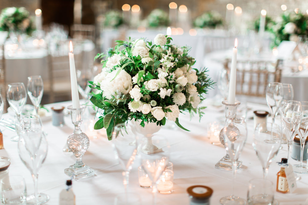 Table Centrepiece Decor Flowers Candlesticks Urn Almonry Barn Wedding Kerry Bartlett Photography
