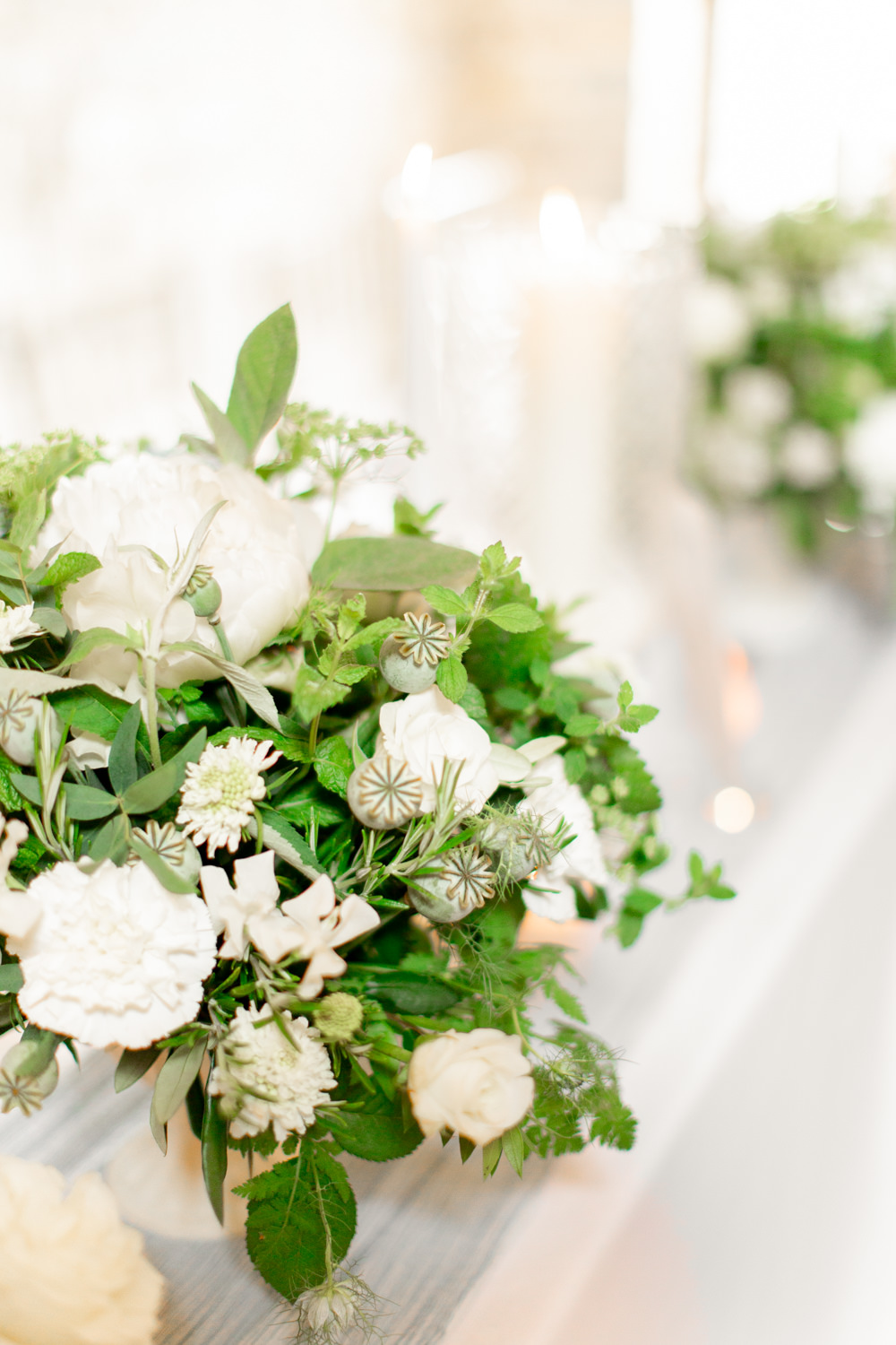 Table Flowers Centrepiece Rose Greenery Almonry Barn Wedding Kerry Bartlett Photography