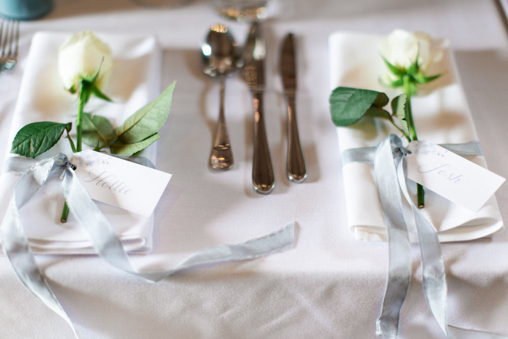Place Name Tag Place Setting Rose Ribbon Almonry Barn Wedding Kerry Bartlett Photography