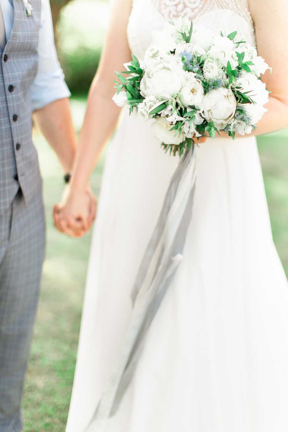 Bouquet Flowers Bride Bridal Grey Ribbon Peony Thistle Rose White Greenery Almonry Barn Wedding Kerry Bartlett Photography