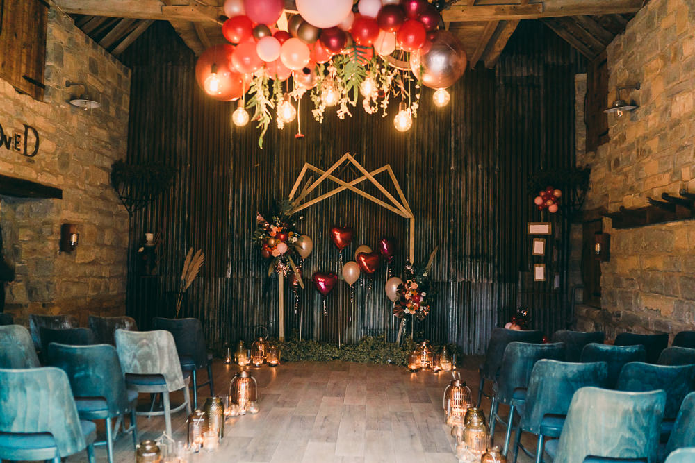 Installation Hanging Suspended Edison Light Bulbs Lighting Aisle Ceremony Candles Balloon Wedding Ideas Leesha Williams Photography