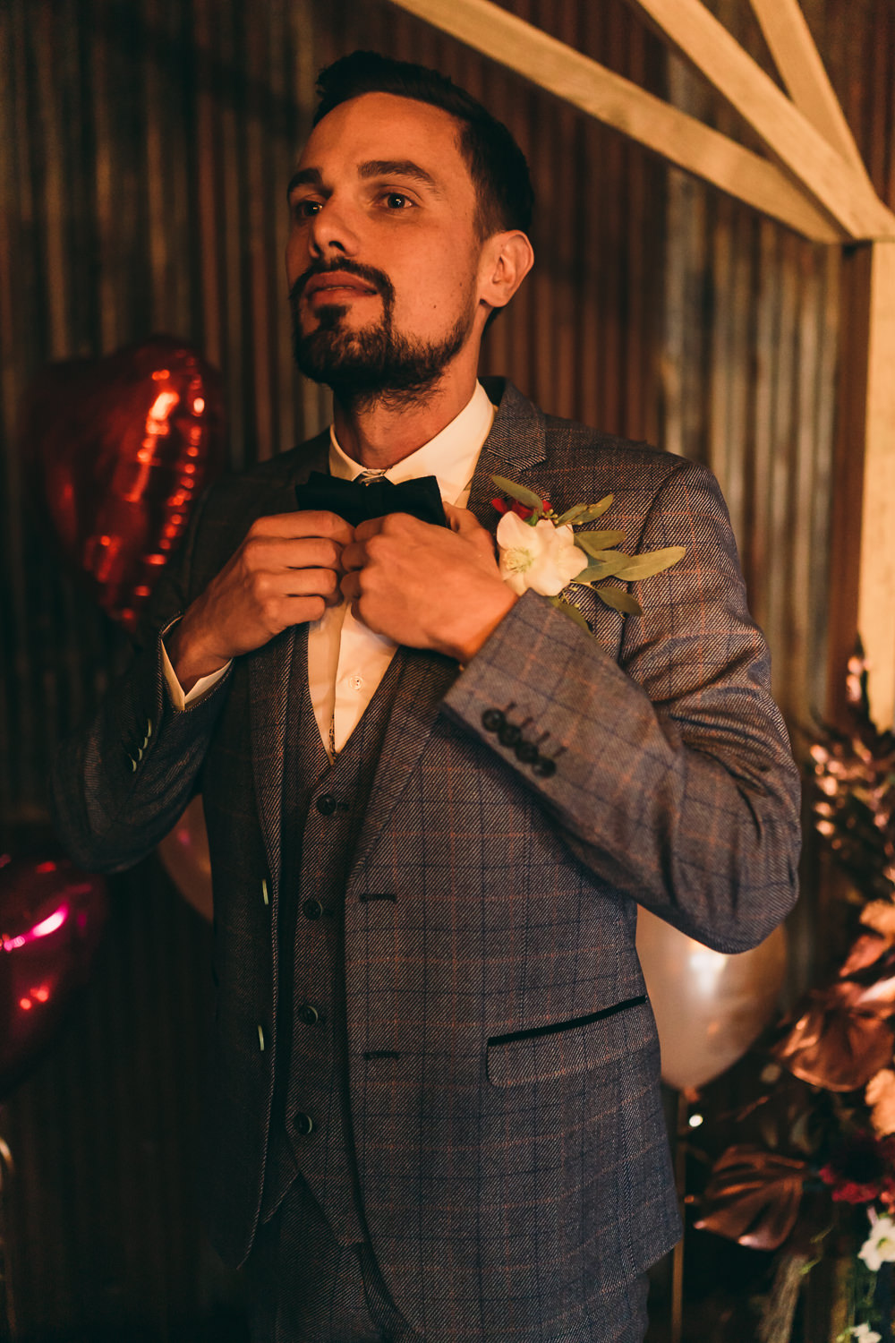 Groom Suit Blue Bow Tie Buttonhole Balloon Wedding Ideas Leesha Williams Photography