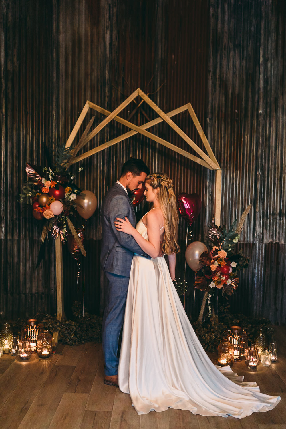 Balloon Wedding Ideas Leesha Williams Photography Geometric Backdrop Balloons Candles Ceremony Aisle