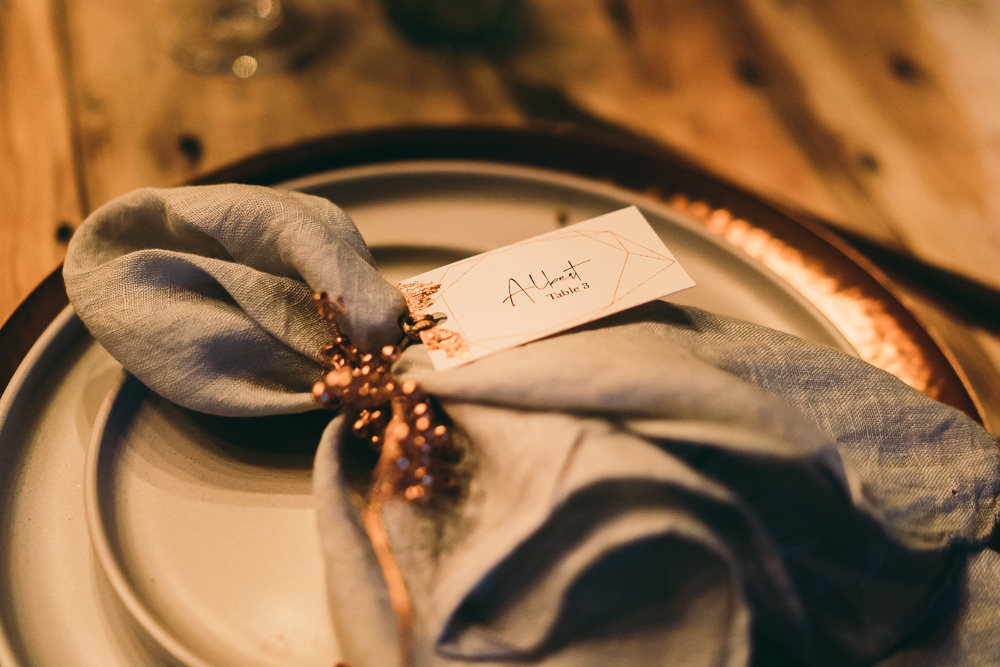 Place Name Cards Tassels Copper Napkin Place Setting Balloon Wedding Ideas Leesha Williams Photography