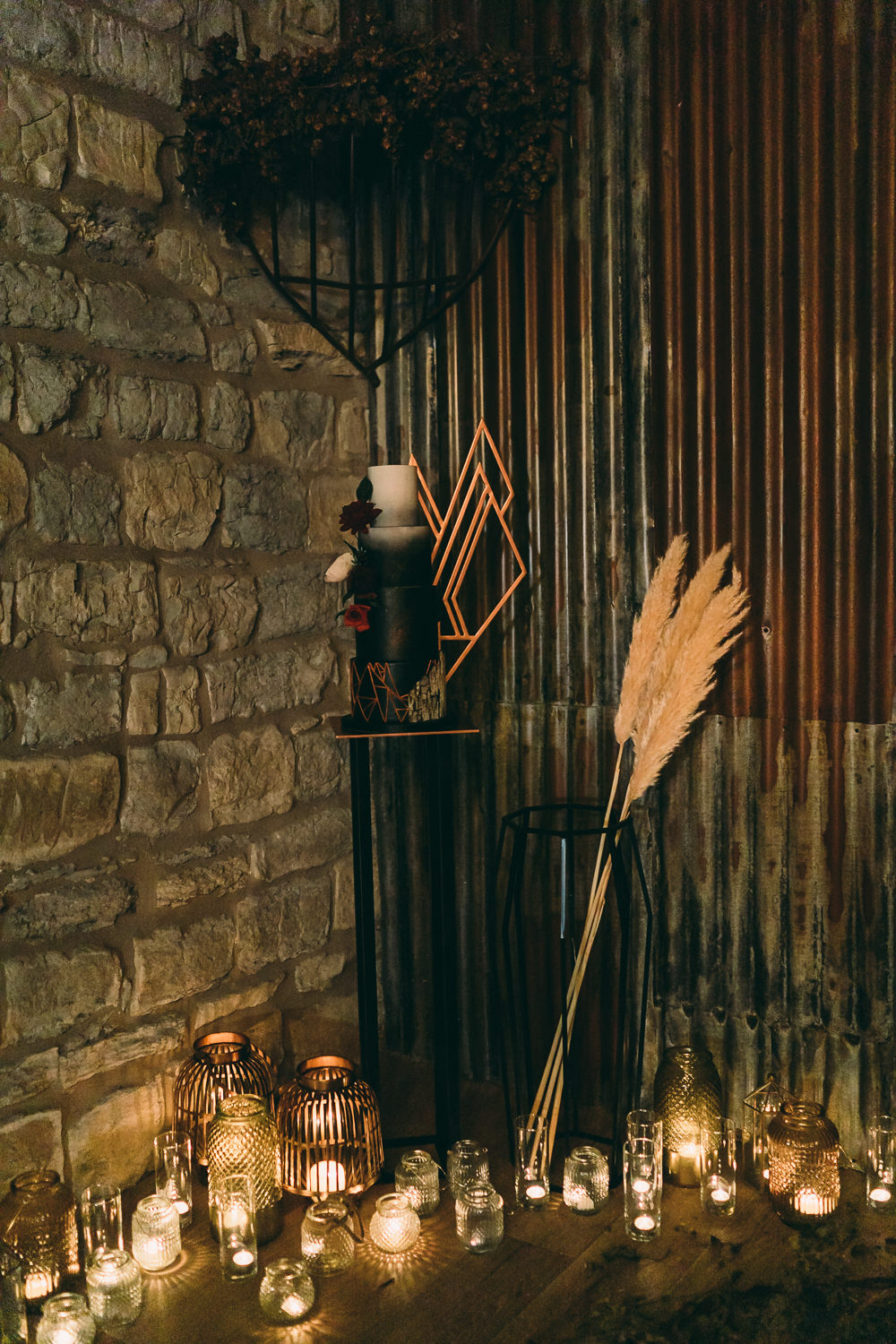 Geometric Copper Black Cake Flowers Floral Balloon Wedding Ideas Leesha Williams Photography