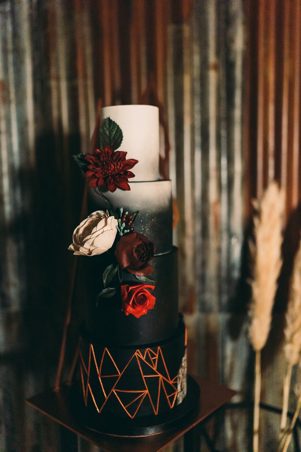 Geometric Copper Black Cake Flowers Floral Balloon Wedding Ideas Leesha Williams Photography