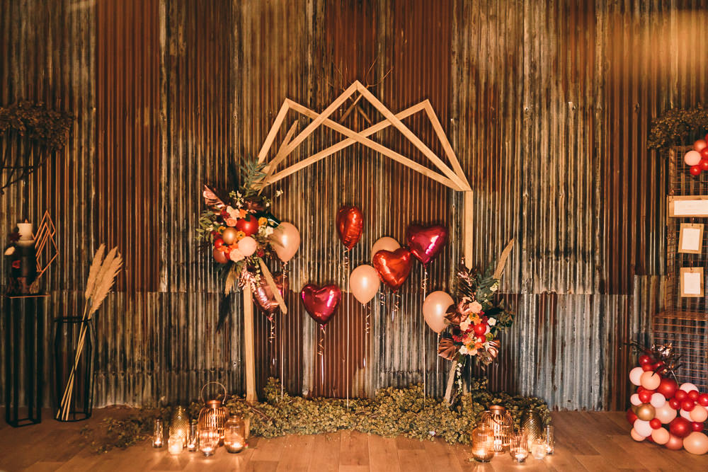 Geometric Backdrop Balloons Candles Ceremony Aisle Balloon Wedding Ideas Leesha Williams Photography