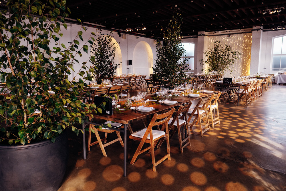 Warehouse Reception Industrial Trees Festoon Lights Chainstore Wedding Marianne Chua Photography