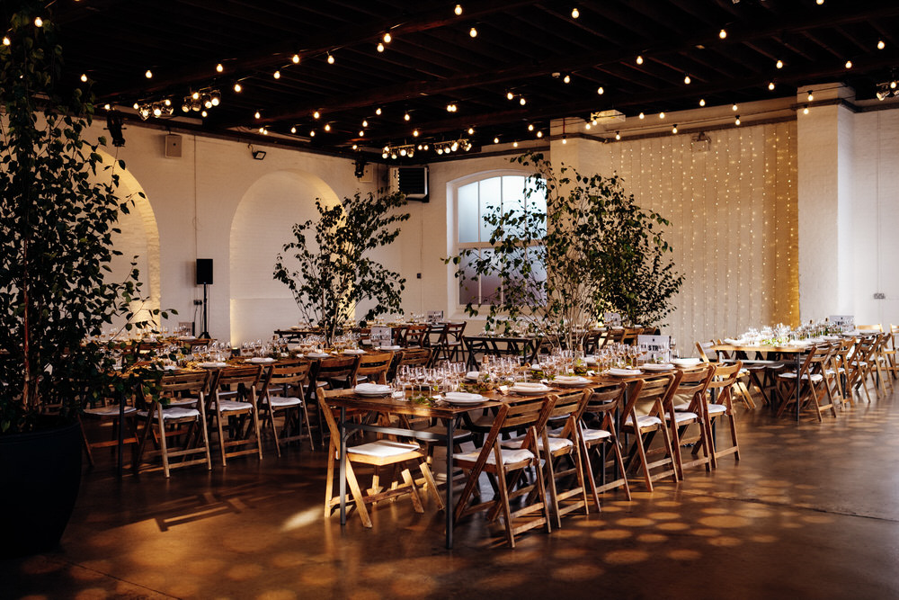 Warehouse Reception Industrial Trees Festoon Lights Chainstore Wedding Marianne Chua Photography