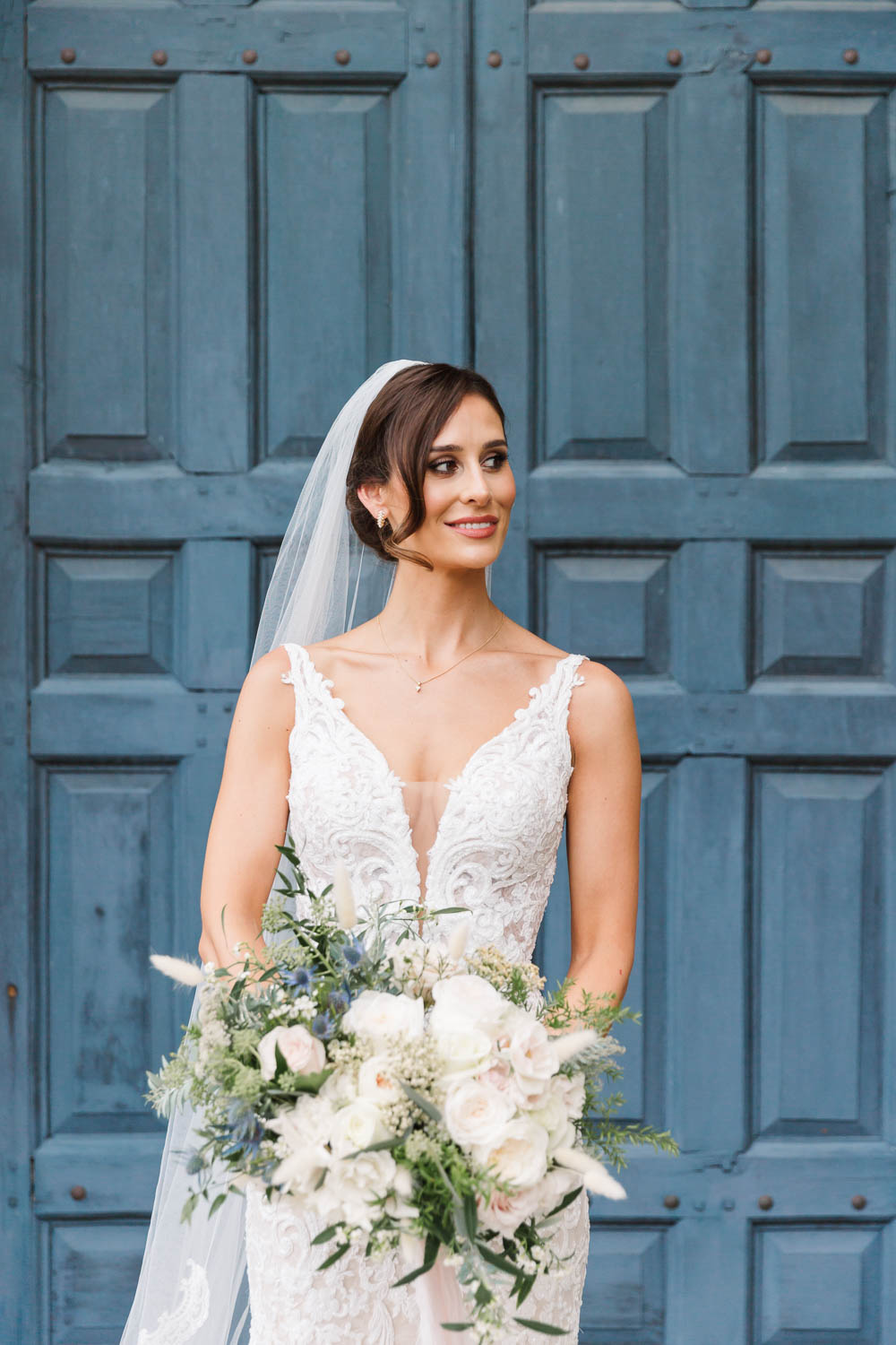 Dress Gown Bride Bridal Martina Liana Straps Plunge Neck Lace Train Veil Compton Verney Wedding Danielle Smith Photography