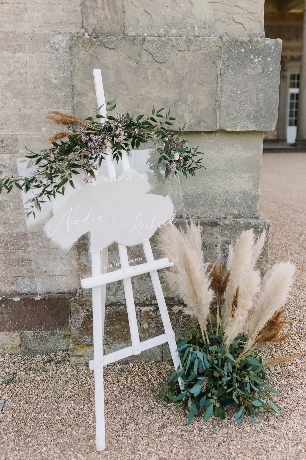 Welcome Sign Signs Signage Painted Perspex Acrylic Pampas Grass Compton Verney Wedding Danielle Smith Photography
