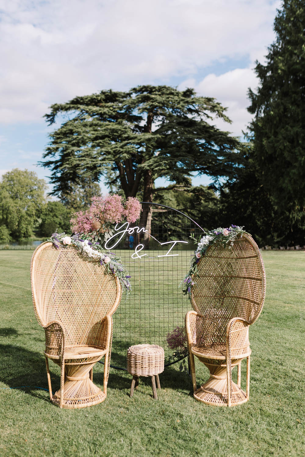 Peacock Chairs Neon Sign Backdrop Pink Gyp Gypsophila Compton Verney Wedding Danielle Smith Photography