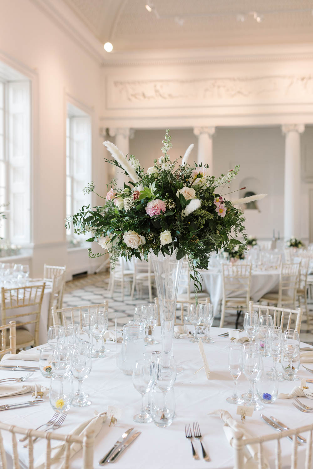 Tall Flower Arrangement Centrepiece Round Tables Compton Verney Wedding Danielle Smith Photography