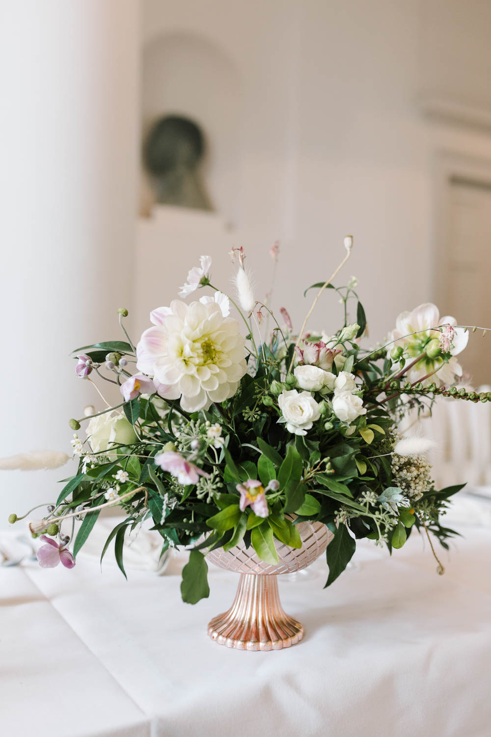 Urn Flowers Centrepiece Table Rose Gold Ivory Dahlia Rose Greenery Compton Verney Wedding Danielle Smith Photography