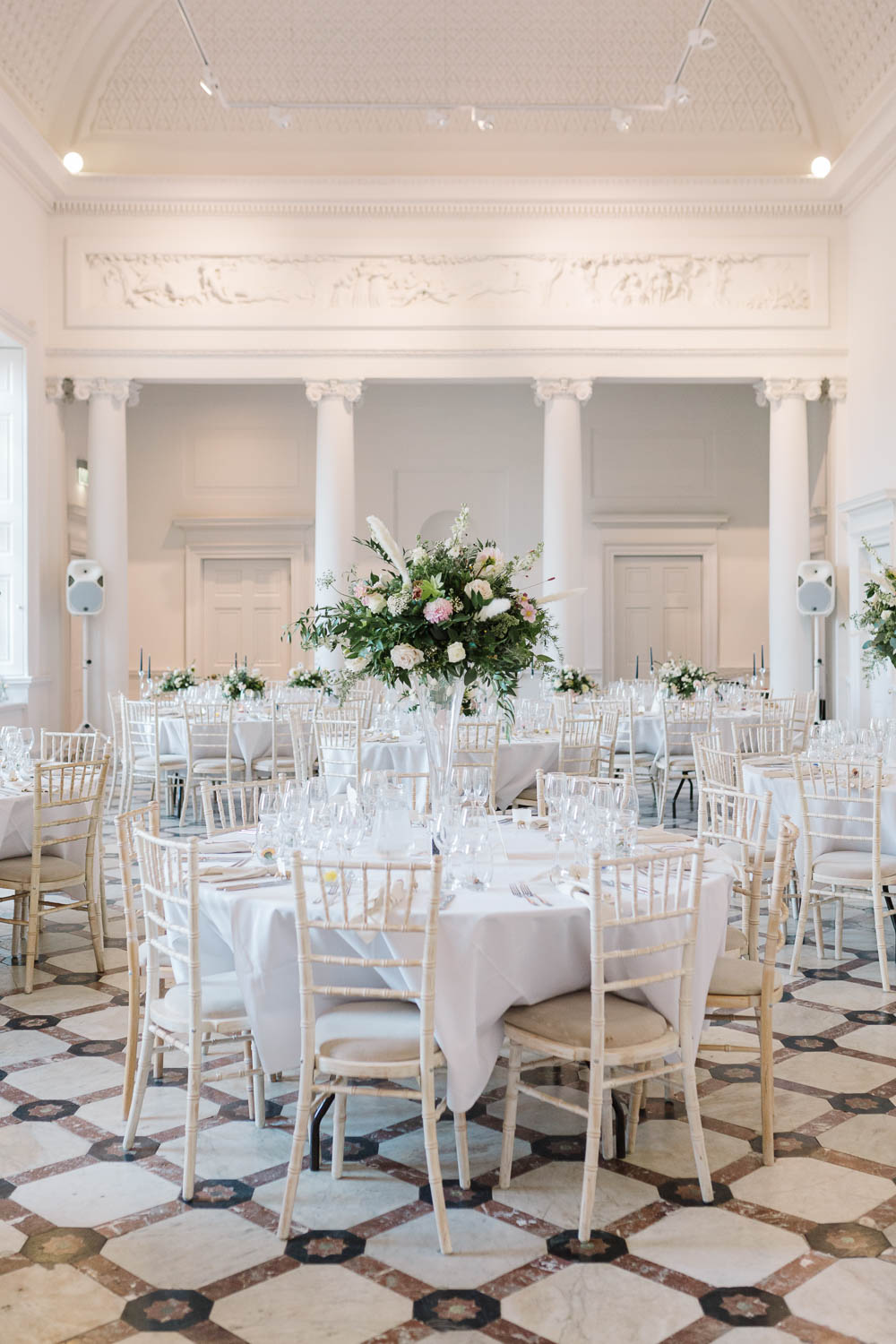 Tall Flower Arrangement Centrepiece Round Tables Compton Verney Wedding Danielle Smith Photography