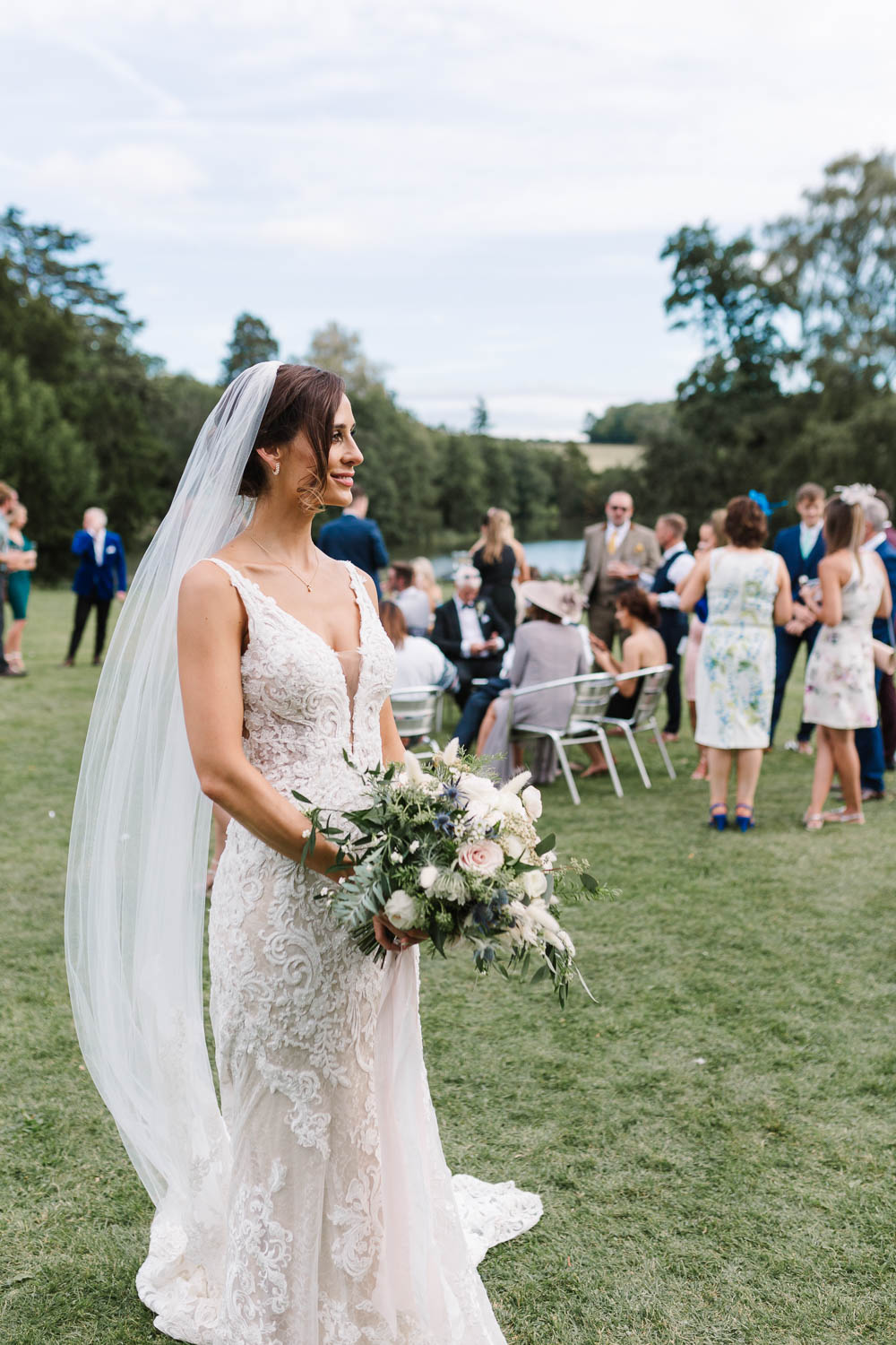 Dress Gown Bride Bridal Martina Liana Straps Plunge Neck Lace Train Veil Compton Verney Wedding Danielle Smith Photography