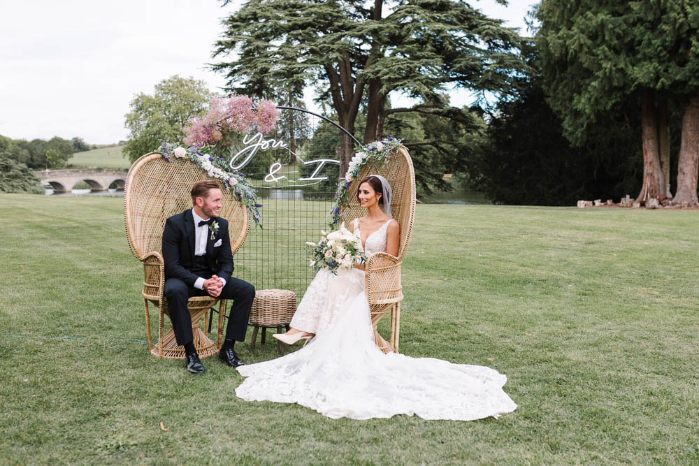 Compton Verney Wedding Danielle Smith Photography Peacock Chairs Neon Sign Backdrop Pink Gyp Gypsophila