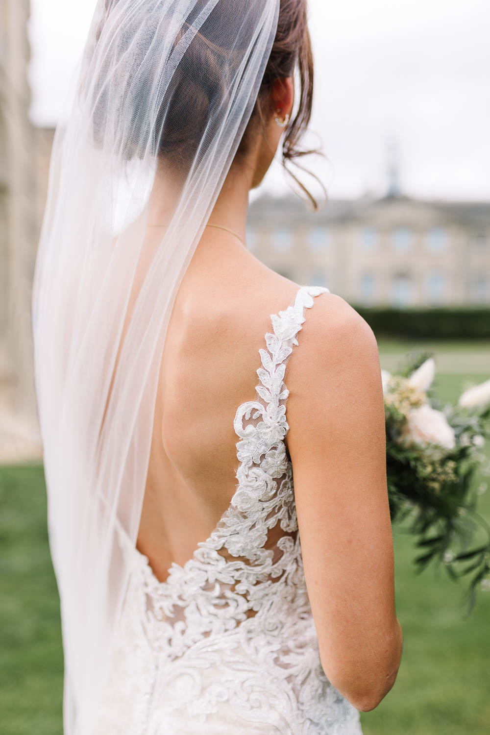 Dress Gown Bride Bridal Martina Liana Straps Plunge Neck Lace Train Veil Compton Verney Wedding Danielle Smith Photography