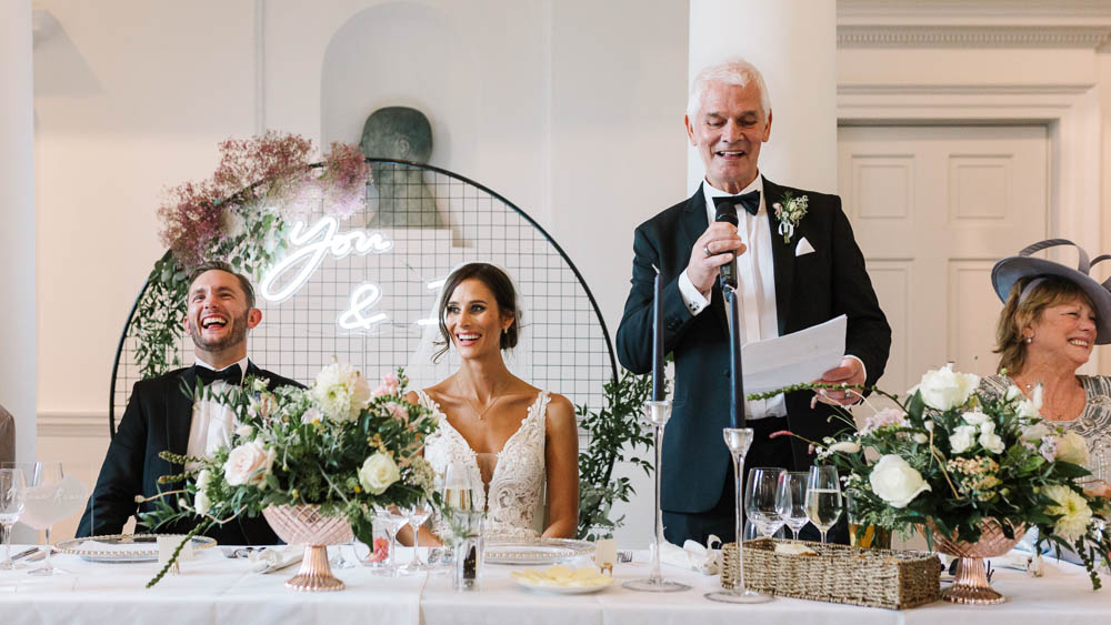 Peacock Chairs Neon Sign Backdrop Pink Gyp Gypsophila Top Table Compton Verney Wedding Danielle Smith Photography