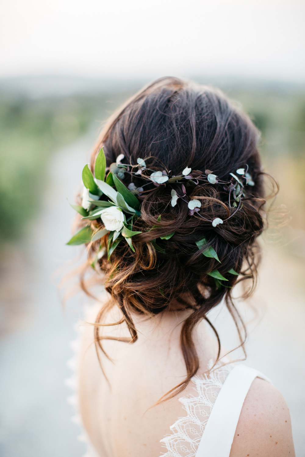 Bride Bridal Hair Style Up Do Greenery Foliage Crete Wedding HannaMonika Wedding Photography