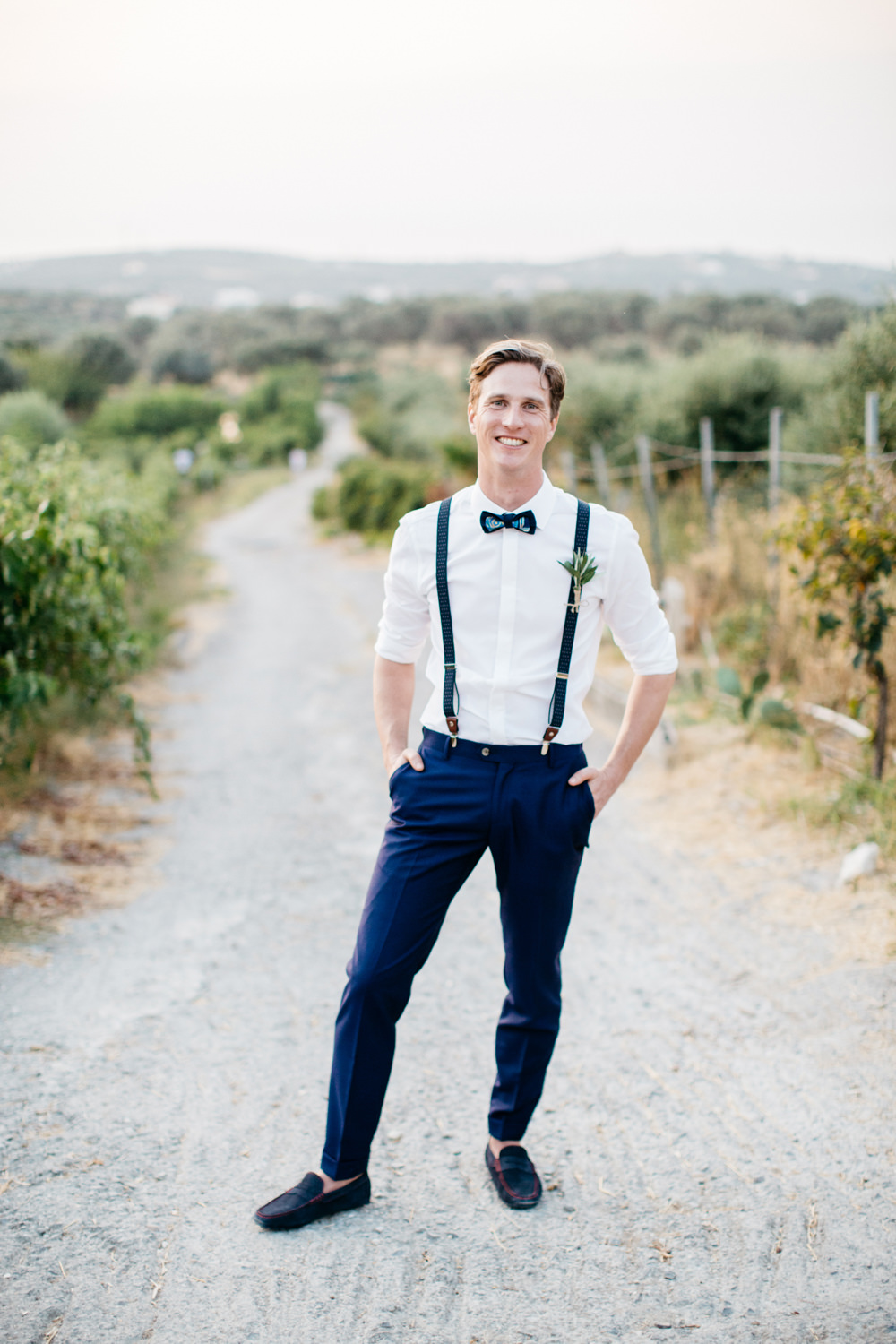 Groom Suit Blue Bow Tie Braces Crete Wedding HannaMonika Wedding Photography