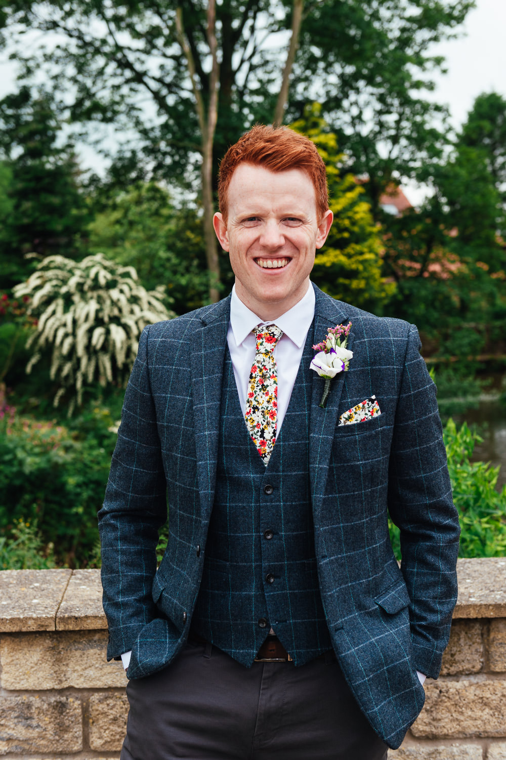 Groom Suit Blue Check Floral Tie Pocketsquare DIY Barn Wedding Jessica Grace Photography
