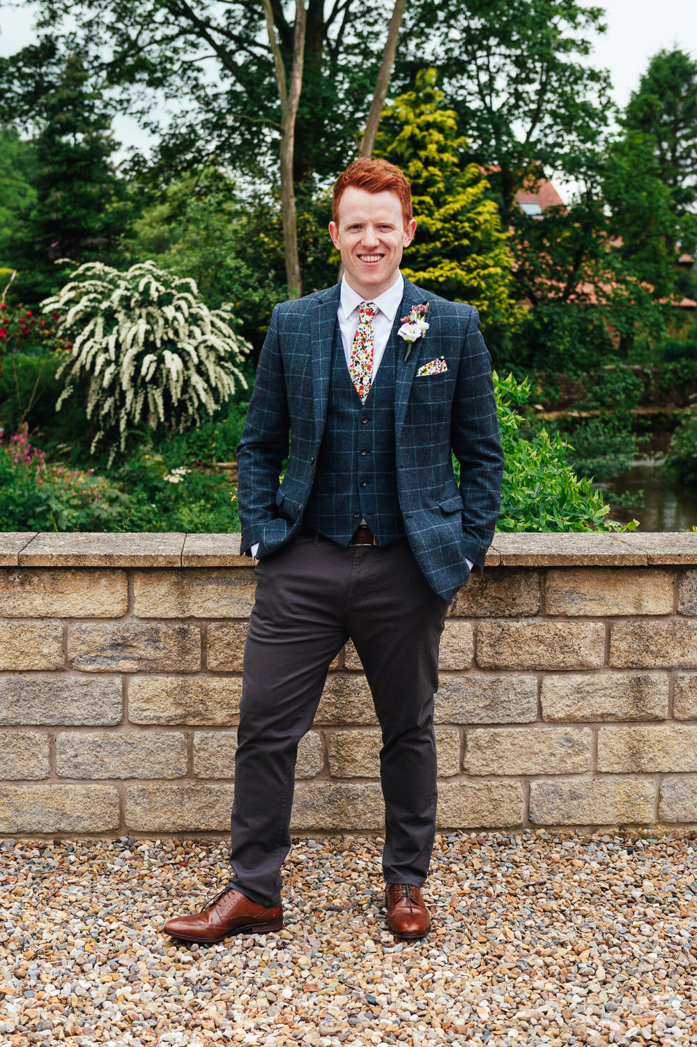 Groom Suit Blue Check Floral Tie Pocketsquare DIY Barn Wedding Jessica Grace Photography