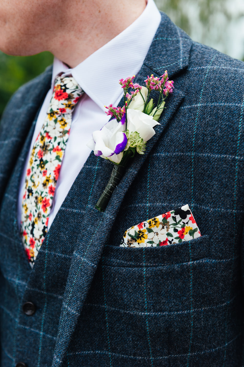 Groom Suit Blue Check Floral Tie Pocketsquare Buttonhole DIY Barn Wedding Jessica Grace Photography