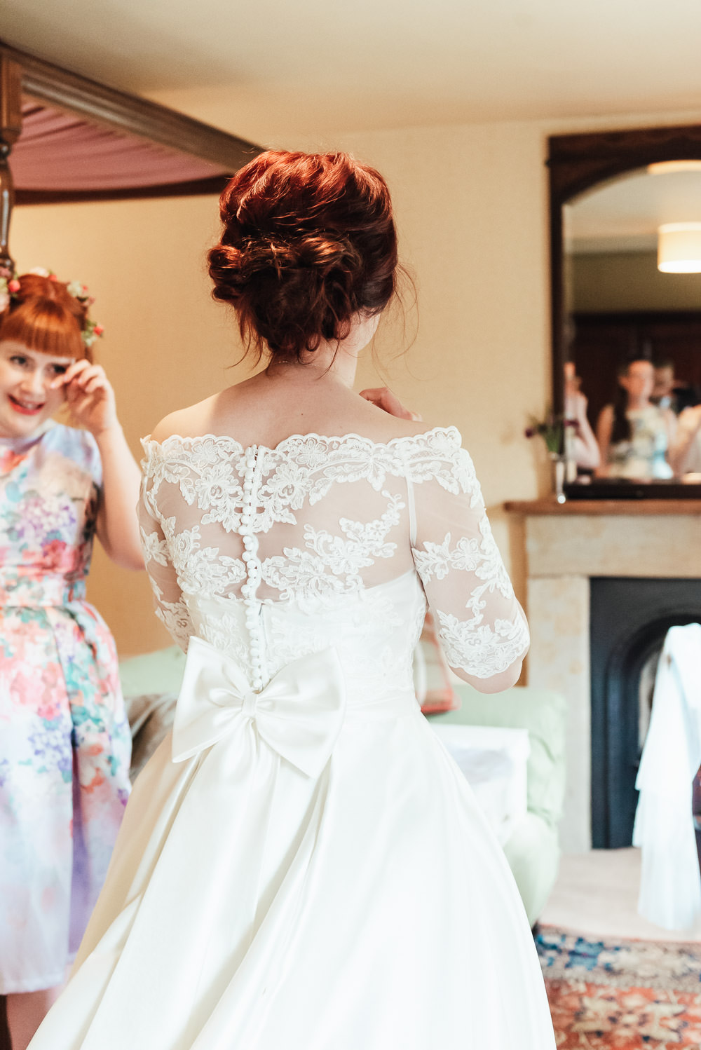 Dress Gown Bride Bridal Pockets Lace Sleeves Bow Back Bardot DIY Barn Wedding Jessica Grace Photography
