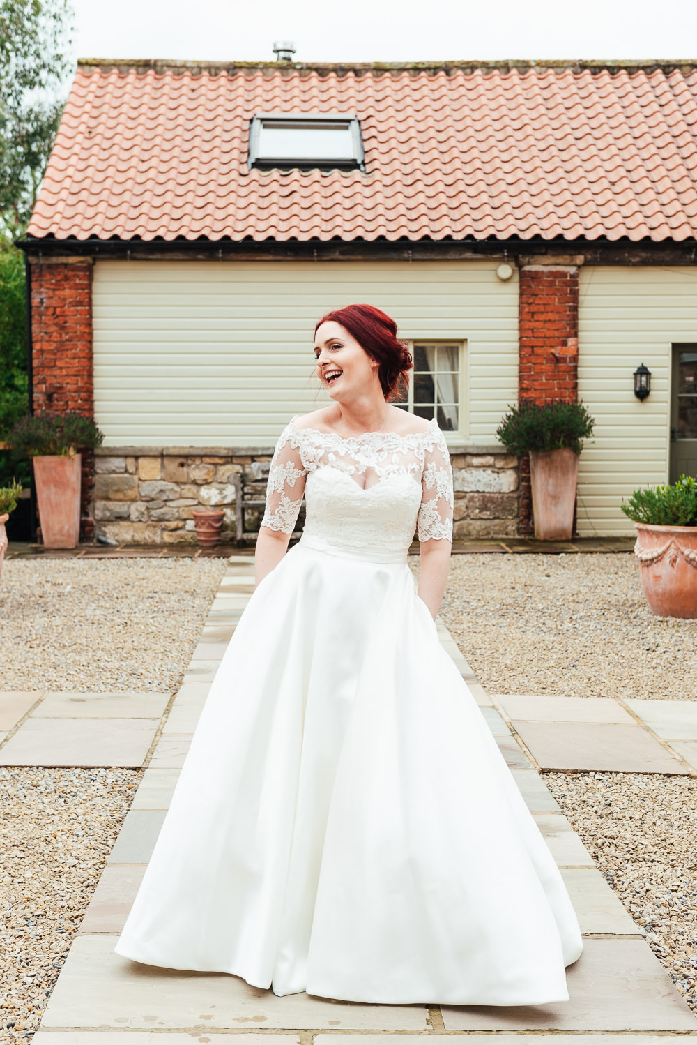 Dress Gown Bride Bridal Pockets Lace Sleeves Bow Back Bardot DIY Barn Wedding Jessica Grace Photography