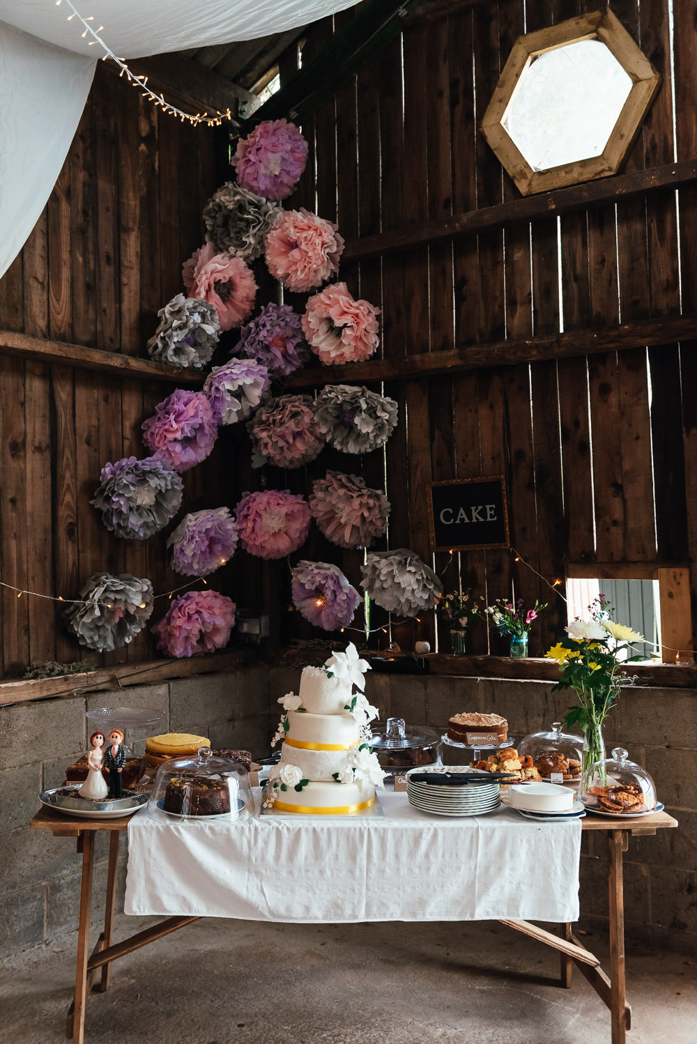 Cake Table Dessert Pom Poms DIY Barn Wedding Jessica Grace Photography