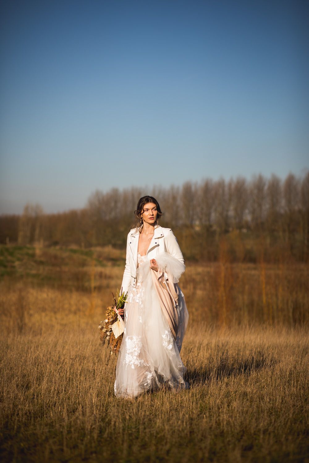 Dress Gown Bride Brdal Blush Lace Tulle Madi Lane Bespoke Painted Leather Jacket Dried Flower Wedding Ideas Dan Lambourne Photography