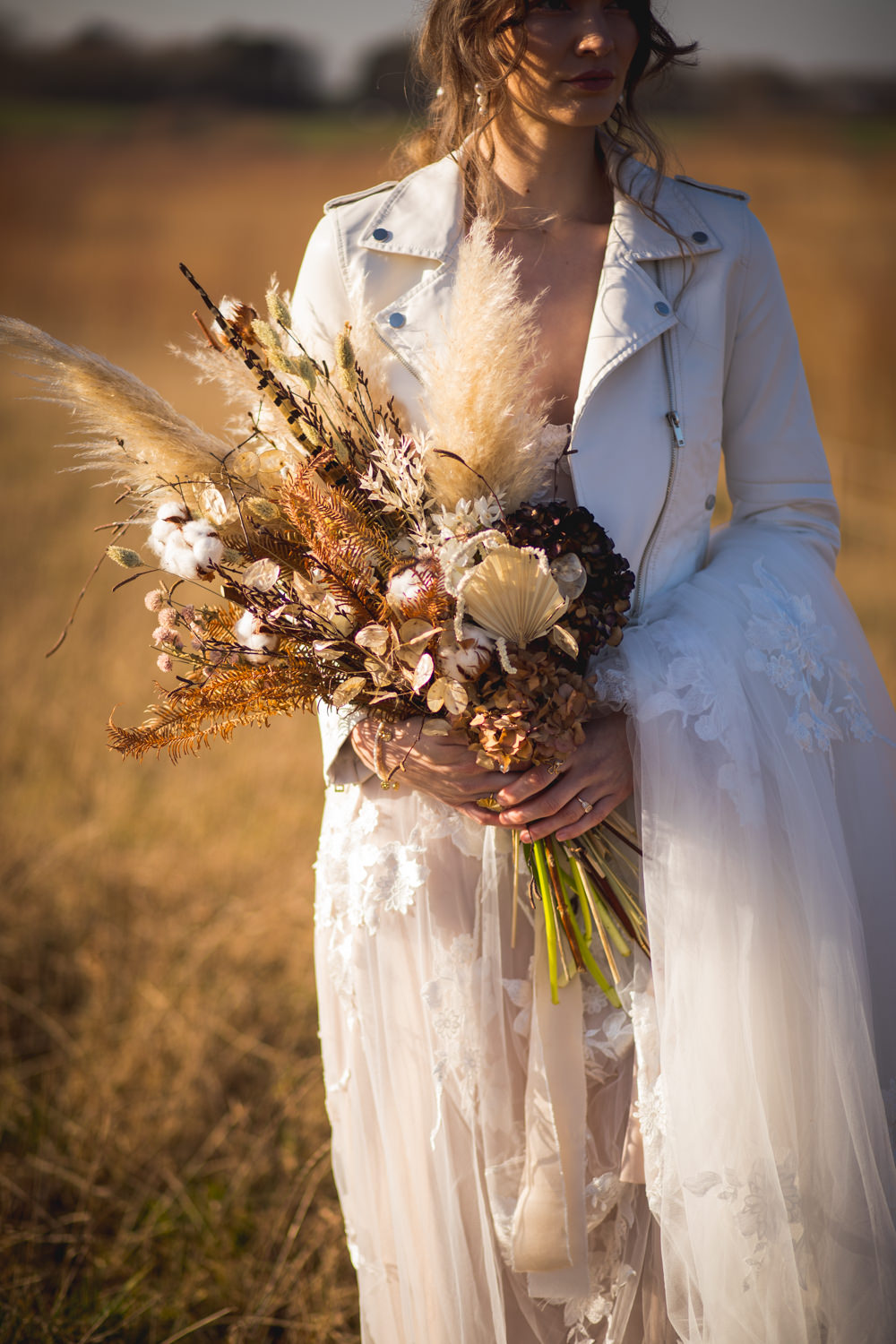 Bride Bridal Bouquet Flowers Pampas Grass Wheat Feather Dried Flower Wedding Ideas Dan Lambourne Photography