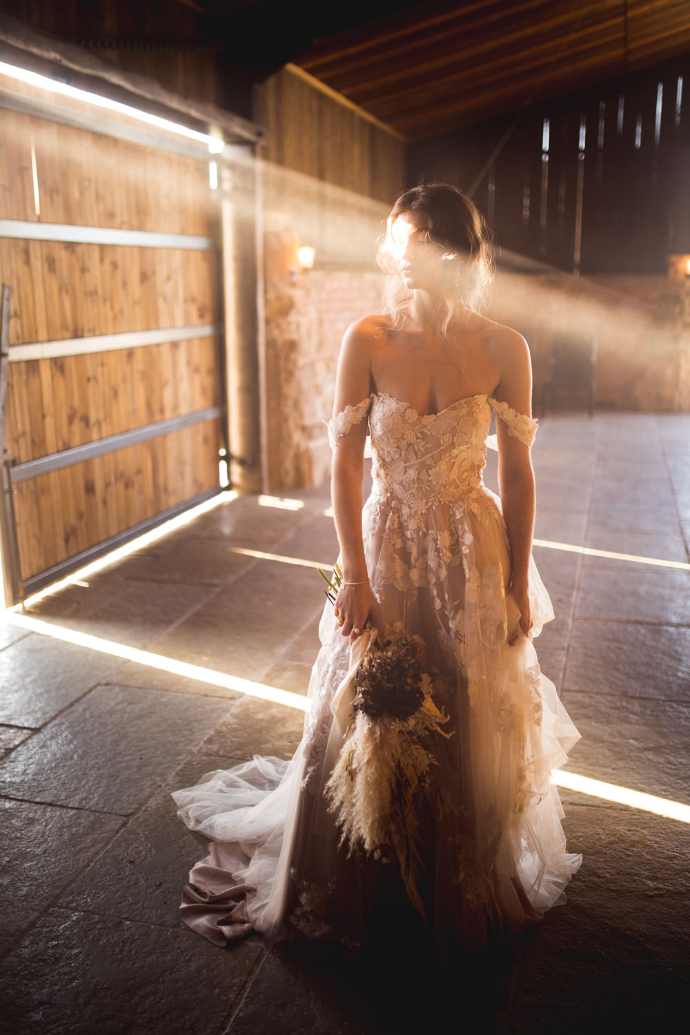 Dress Gown Bride Brdal Blush Lace Tulle Madi Lane Off Shouder Bardot Dried Flower Wedding Ideas Dan Lambourne Photography