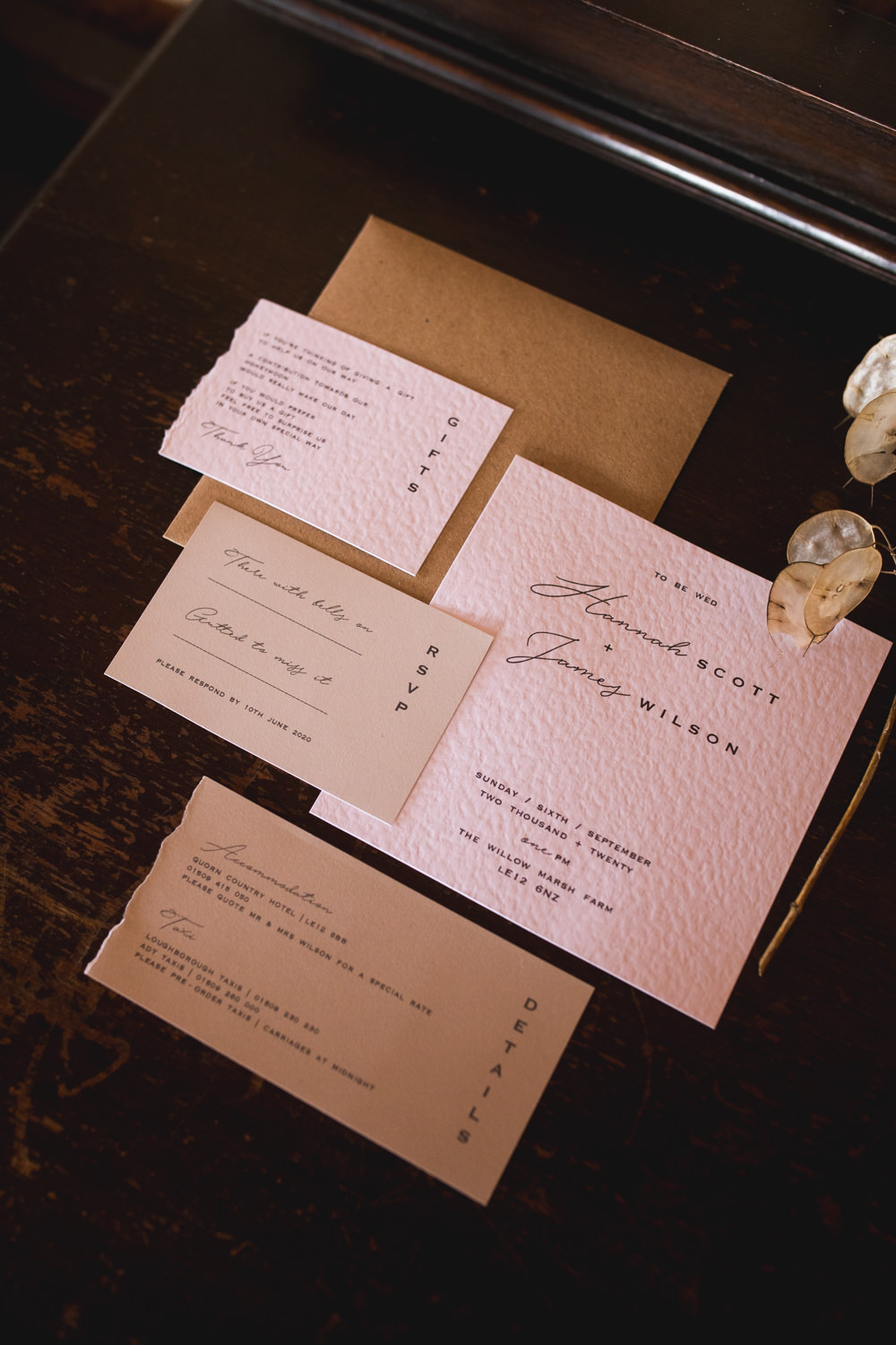 Stationery Suite Flat Lay Invite Invitation Minimalist Torn Dried Flower Wedding Ideas Dan Lambourne Photography