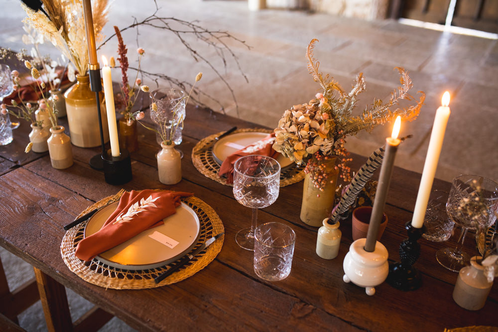 Table Decor Decorations Vases Flowers Candles Earthenware Ceramic Terracotta Napkins Dried Flower Wedding Ideas Dan Lambourne Photography